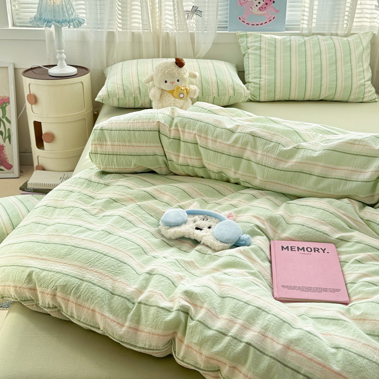 91家纺网 家纺一手货源 找家纺 柠萌家居 2026新款纯棉全棉A类色织水洗棉四件套（可定制尺寸） 倾城-绿