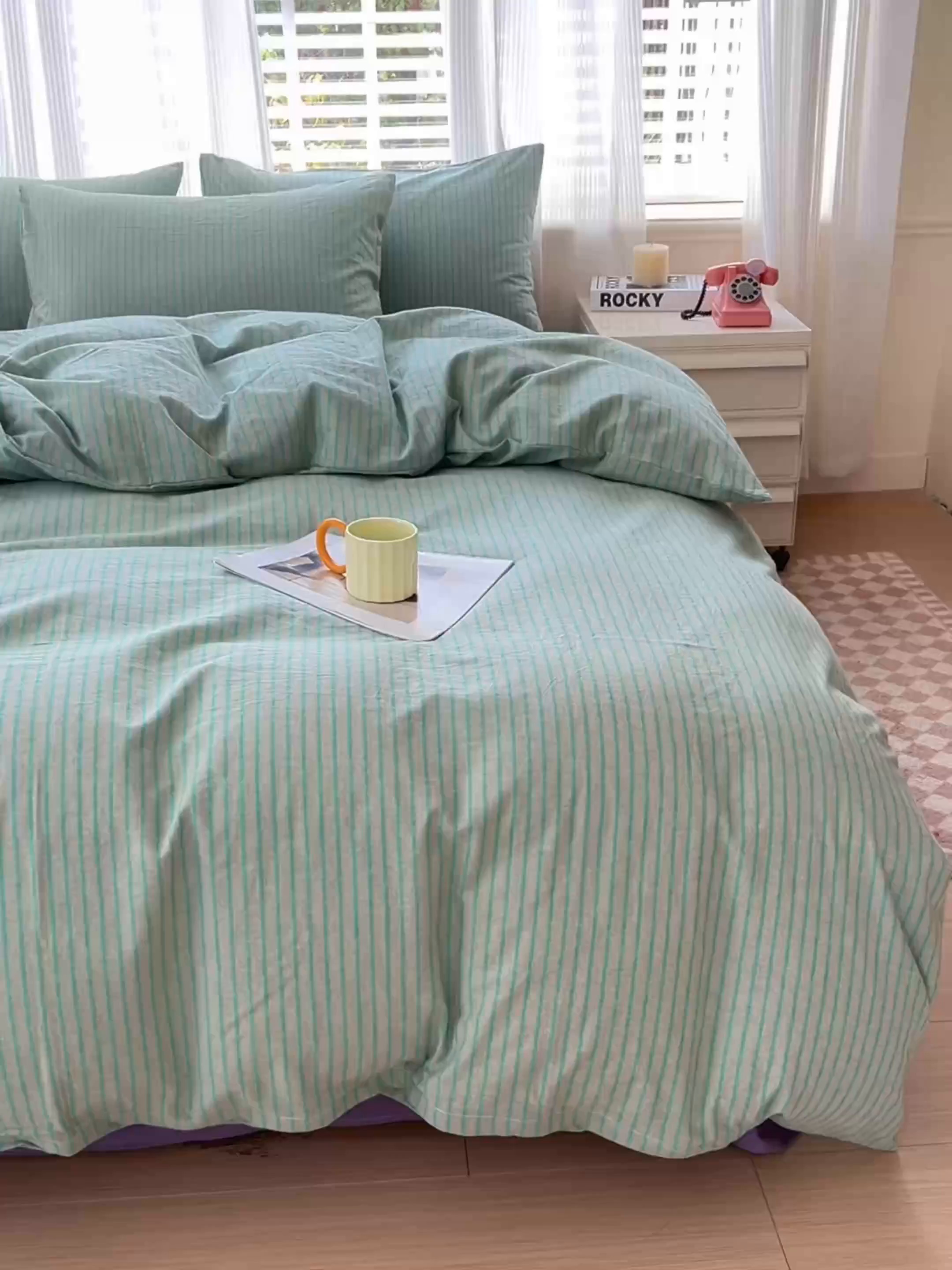 91家纺网 家纺一手货源 找家纺 柠萌家居 2026新款纯棉全棉A类色织水洗棉四件套（可定制尺寸） 倾城-绿