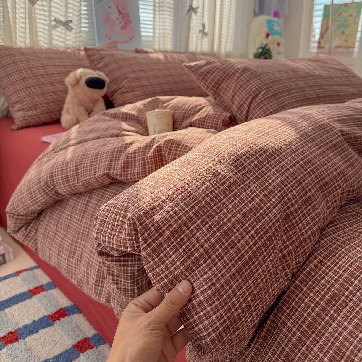 91家纺网 家纺一手货源 找家纺 柠萌家居 2026新款纯棉全棉A类色织水洗棉四件套（可定制尺寸） 苏格兰-红