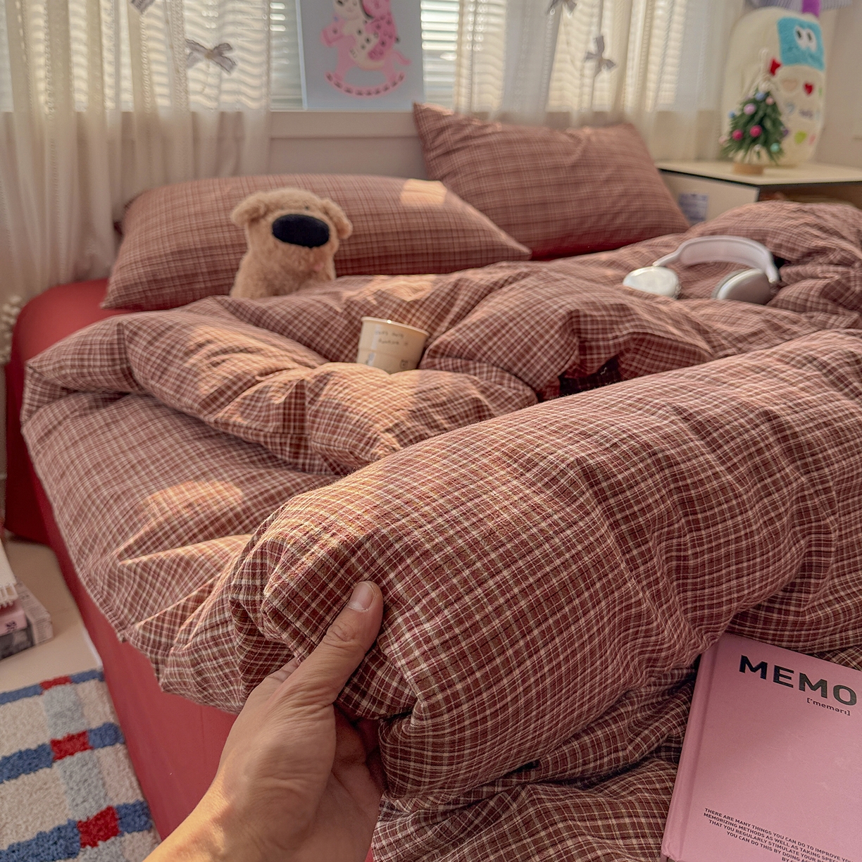 91家纺网 家纺一手货源 找家纺 柠萌家居 2026新款纯棉全棉A类色织水洗棉四件套（可定制尺寸） 苏格兰-红