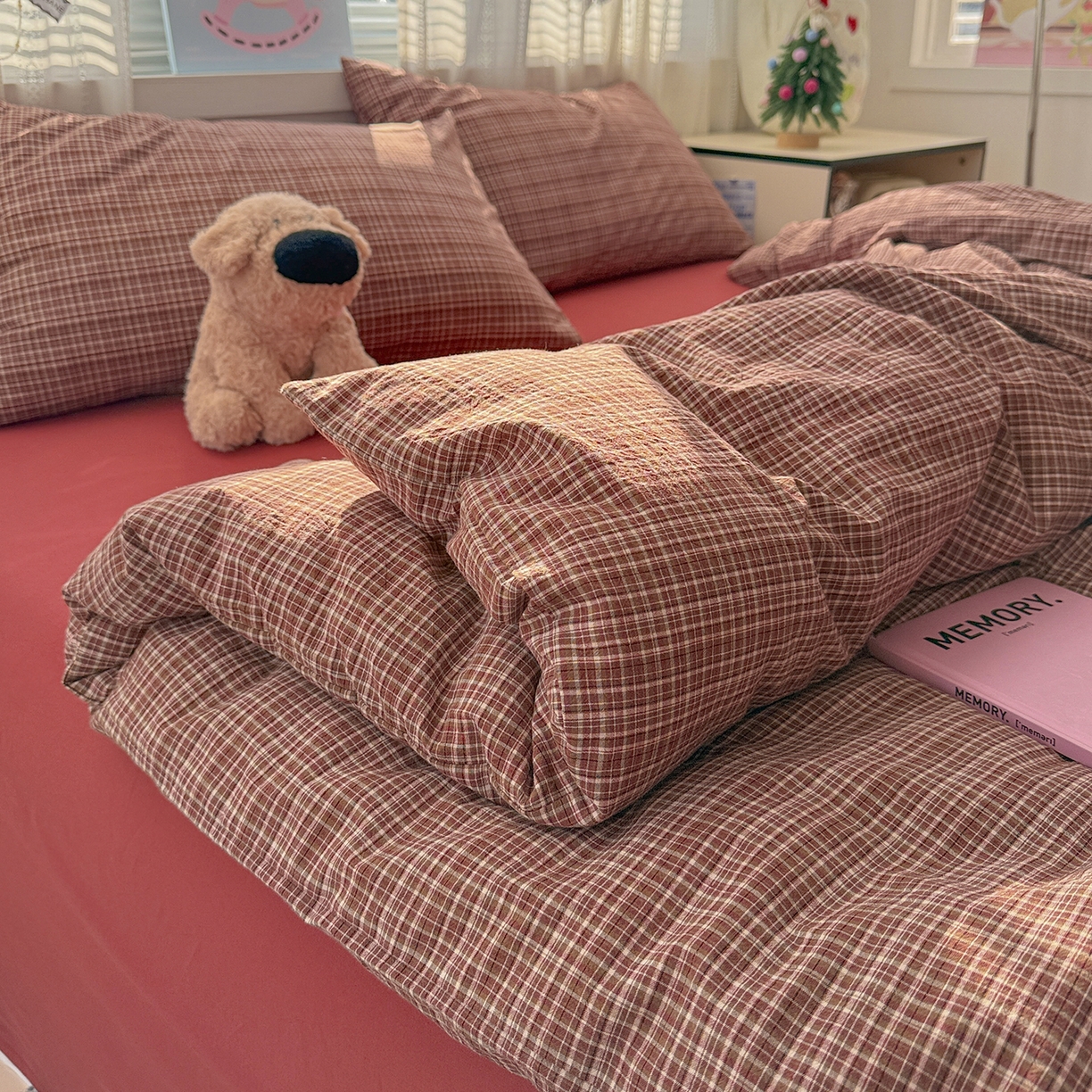 91家纺网 家纺一手货源 找家纺 柠萌家居 2026新款纯棉全棉A类色织水洗棉四件套（可定制尺寸） 苏格兰-红