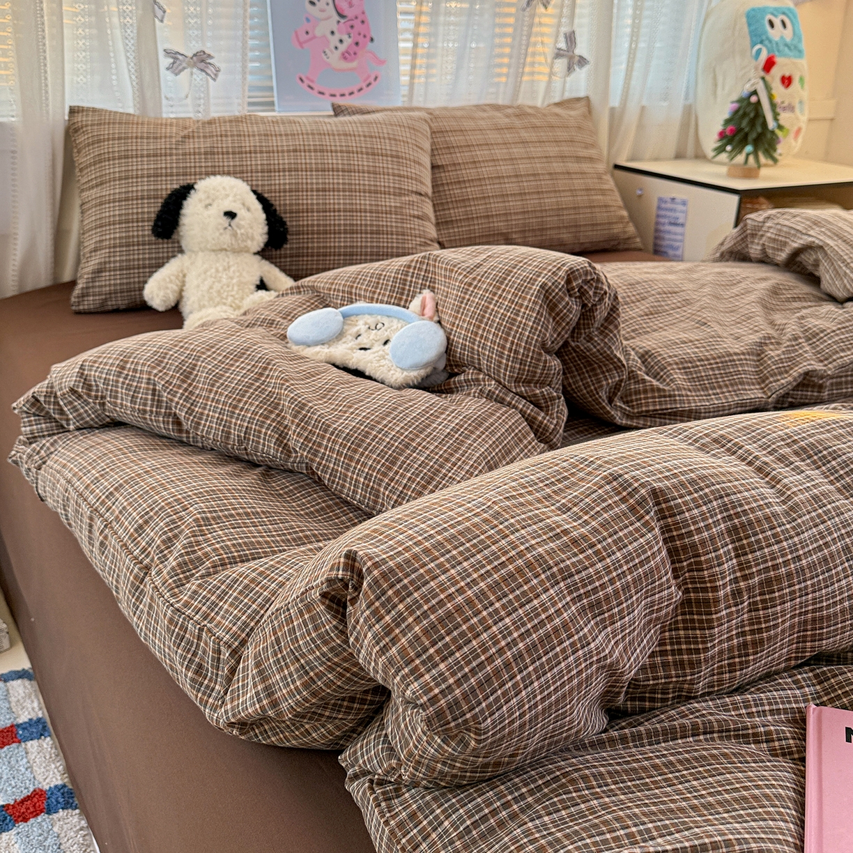 91家纺网 家纺一手货源 找家纺 柠萌家居 2026新款纯棉全棉A类色织水洗棉四件套（可定制尺寸） 苏格兰-咖