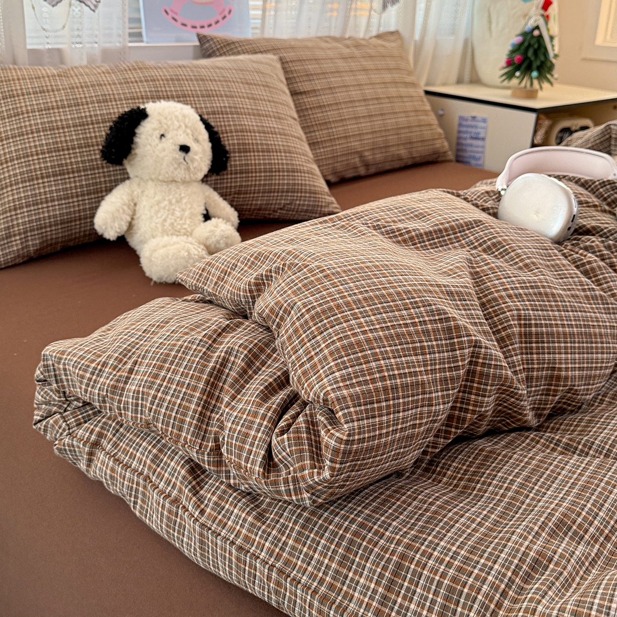 91家纺网 家纺一手货源 找家纺 柠萌家居 2026新款纯棉全棉A类色织水洗棉四件套（可定制尺寸） 苏格兰-咖