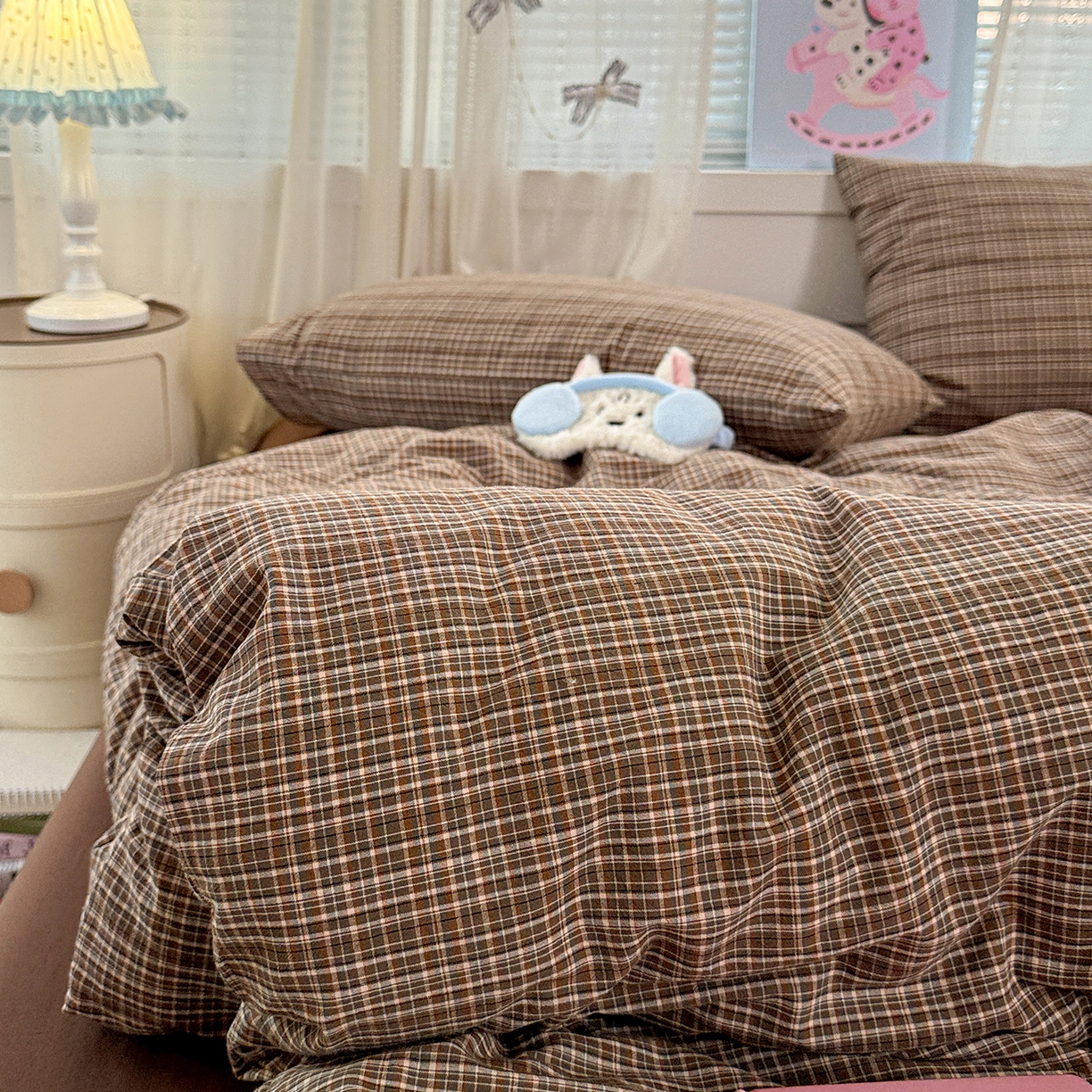 91家纺网 家纺一手货源 找家纺 柠萌家居 2026新款纯棉全棉A类色织水洗棉四件套（可定制尺寸） 苏格兰-咖