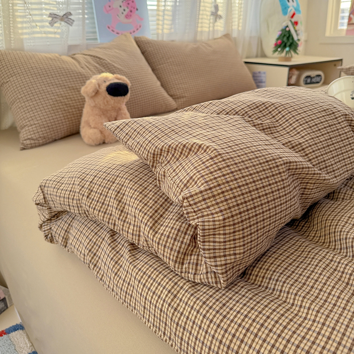 91家纺网 家纺一手货源 找家纺 柠萌家居 2026新款纯棉全棉A类色织水洗棉四件套（可定制尺寸） 苏格兰-卡其