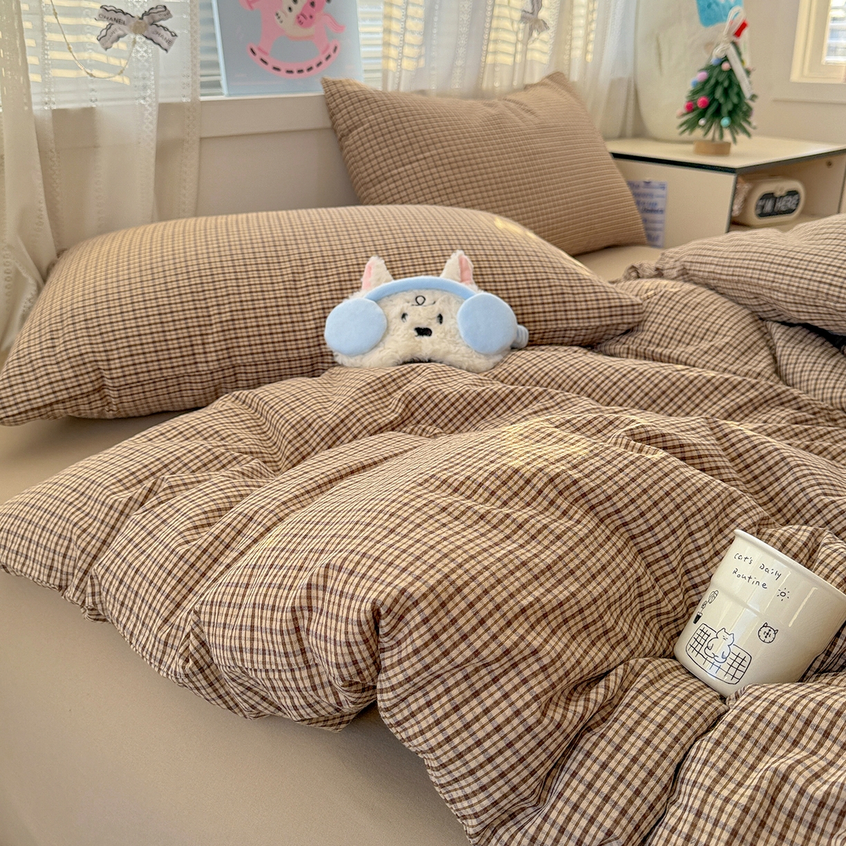 91家纺网 家纺一手货源 找家纺 柠萌家居 2026新款纯棉全棉A类色织水洗棉四件套（可定制尺寸） 苏格兰-卡其