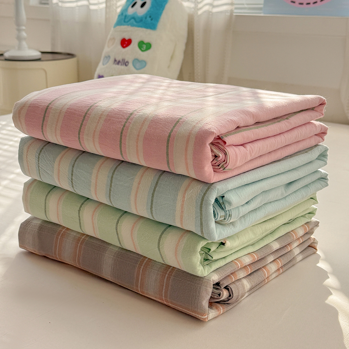 91家纺网 家纺一手货源 找家纺 柠萌家居 2026新款纯棉全棉A类色织水洗棉四件套（可定制尺寸） 组合