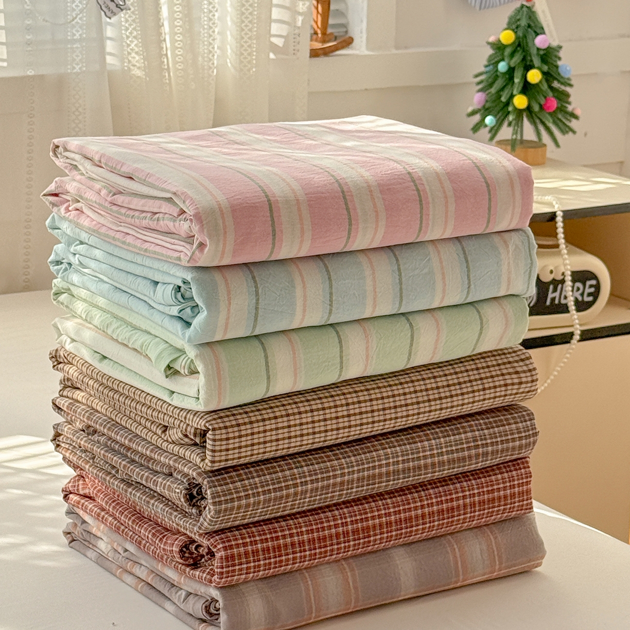 91家纺网 家纺一手货源 找家纺 柠萌家居 2026新款纯棉全棉A类色织水洗棉四件套（可定制尺寸） 组合