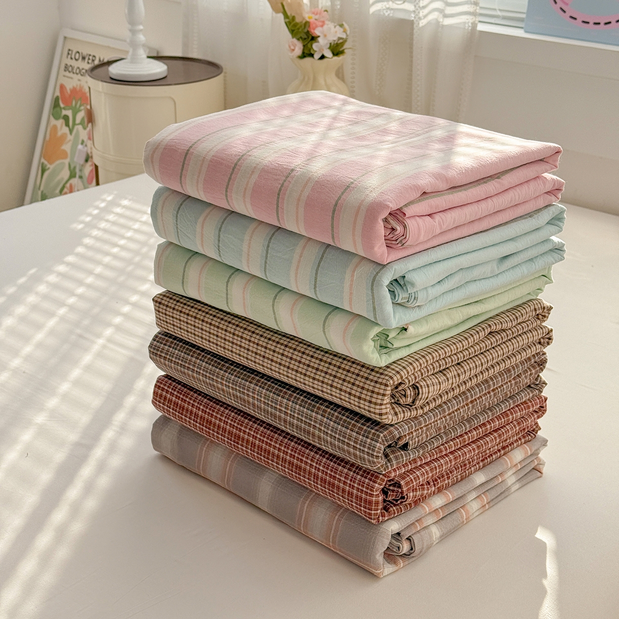 91家纺网 家纺一手货源 找家纺 柠萌家居 2026新款纯棉全棉A类色织水洗棉四件套（可定制尺寸） 组合