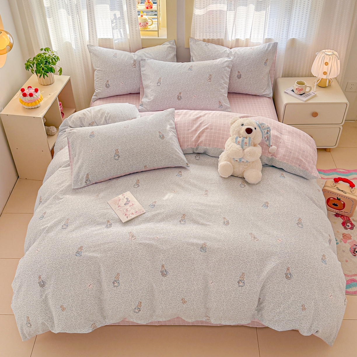 91家纺网 家纺一手货源 找家纺 呗旺鹿 2026新款全棉40支12868田园卡通小清新系列四件套 蓝叶兔