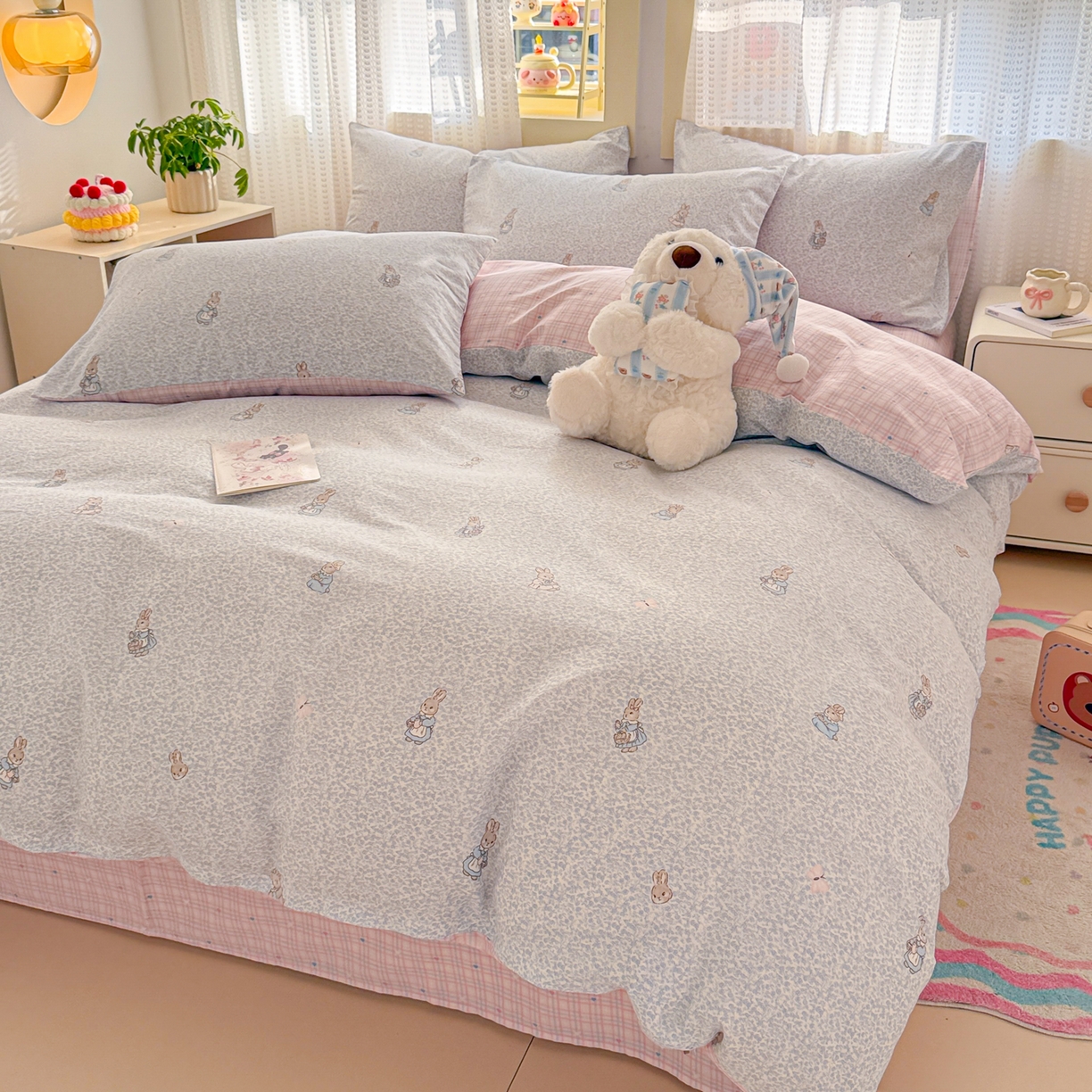 91家纺网 家纺一手货源 找家纺 呗旺鹿 2026新款全棉40支12868田园卡通小清新系列四件套 蓝叶兔