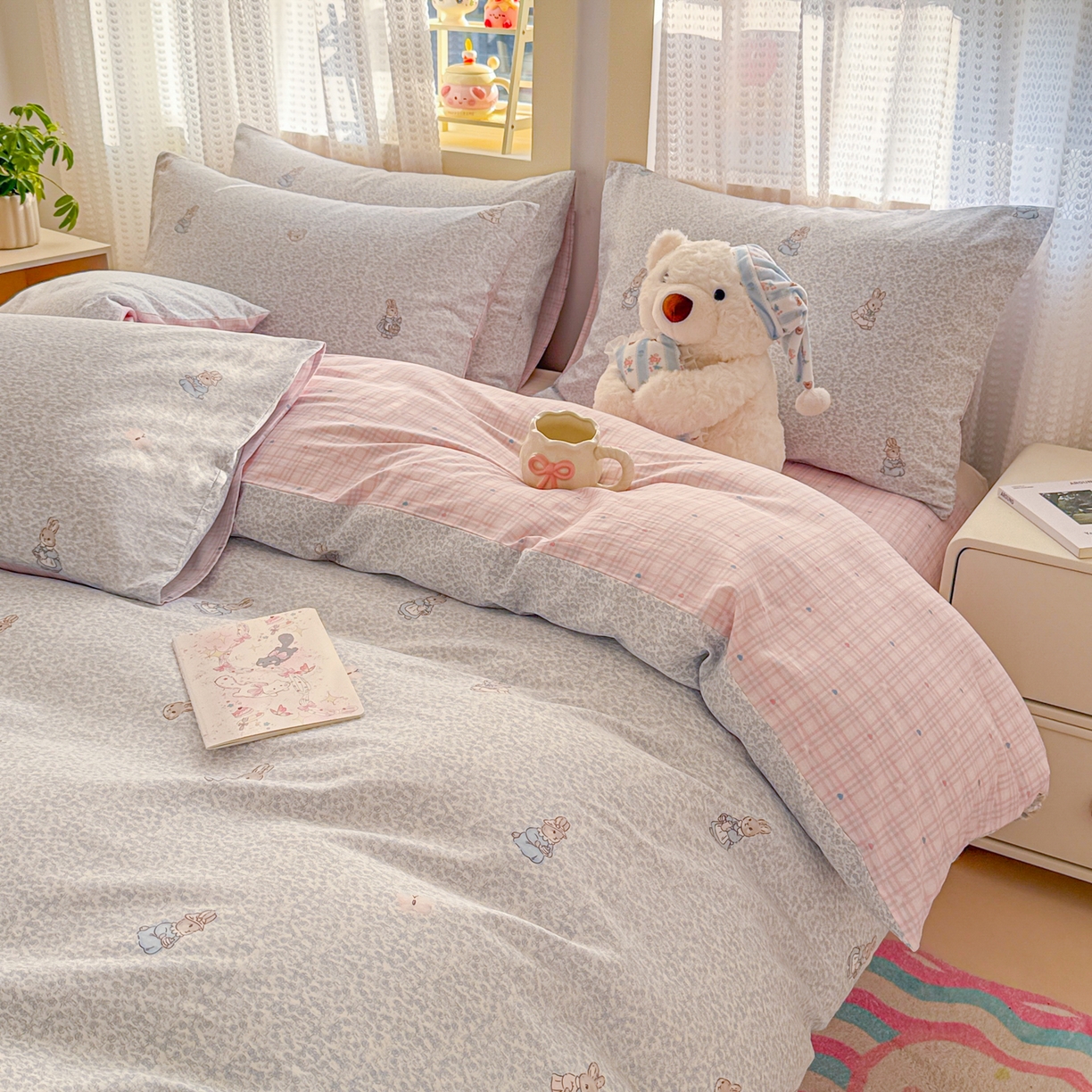 91家纺网 家纺一手货源 找家纺 呗旺鹿 2026新款全棉40支12868田园卡通小清新系列四件套 蓝叶兔