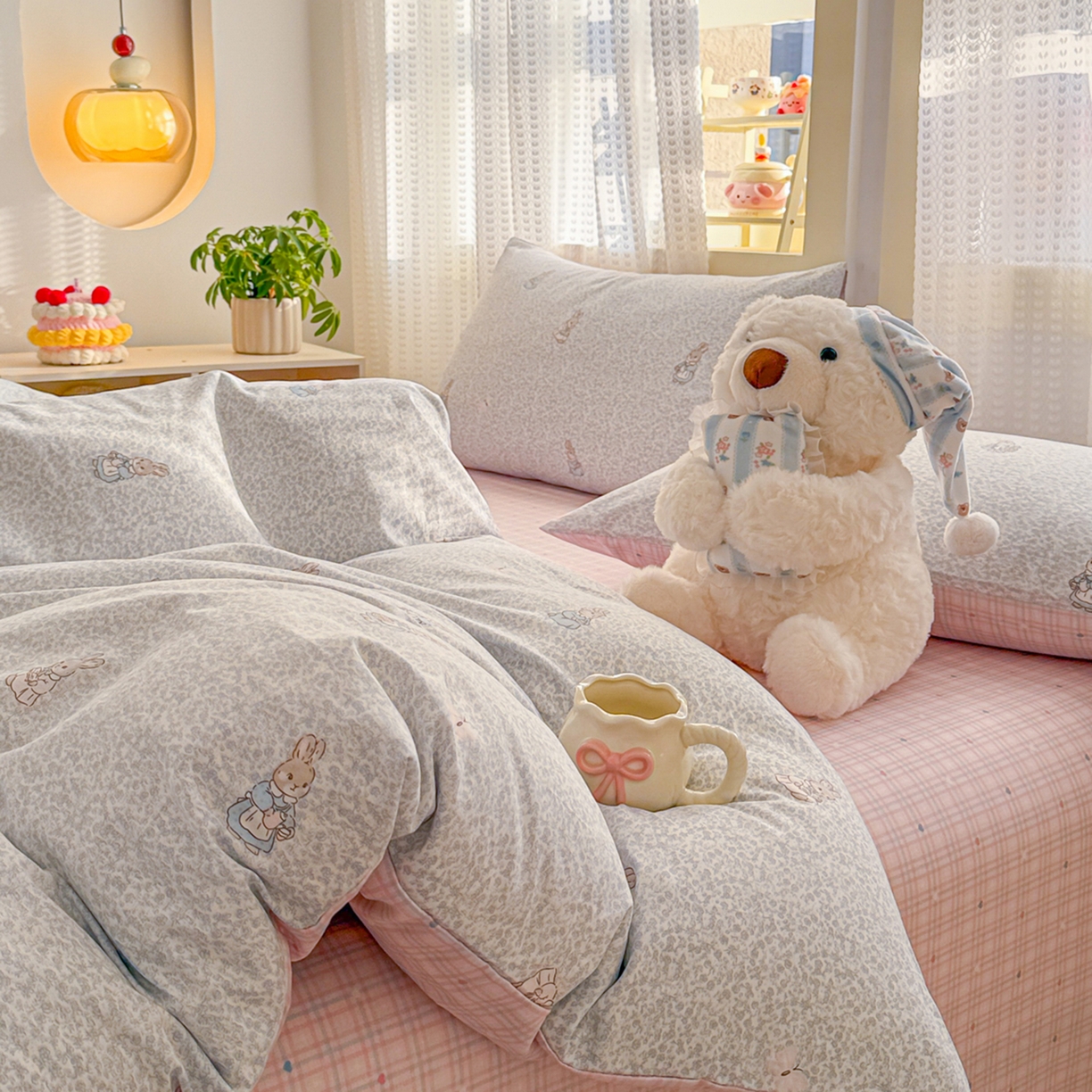 91家纺网 家纺一手货源 找家纺 呗旺鹿 2026新款全棉40支12868田园卡通小清新系列四件套 蓝叶兔