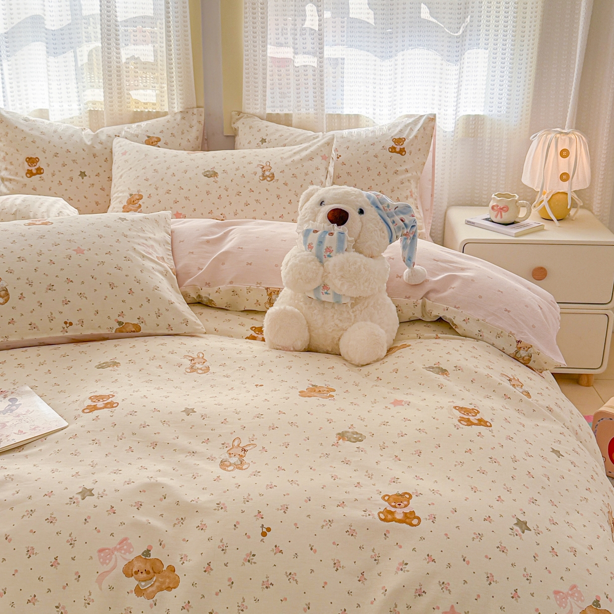 91家纺网 家纺一手货源 找家纺 呗旺鹿 2026新款全棉40支12868田园卡通小清新系列四件套 软糖萌宠