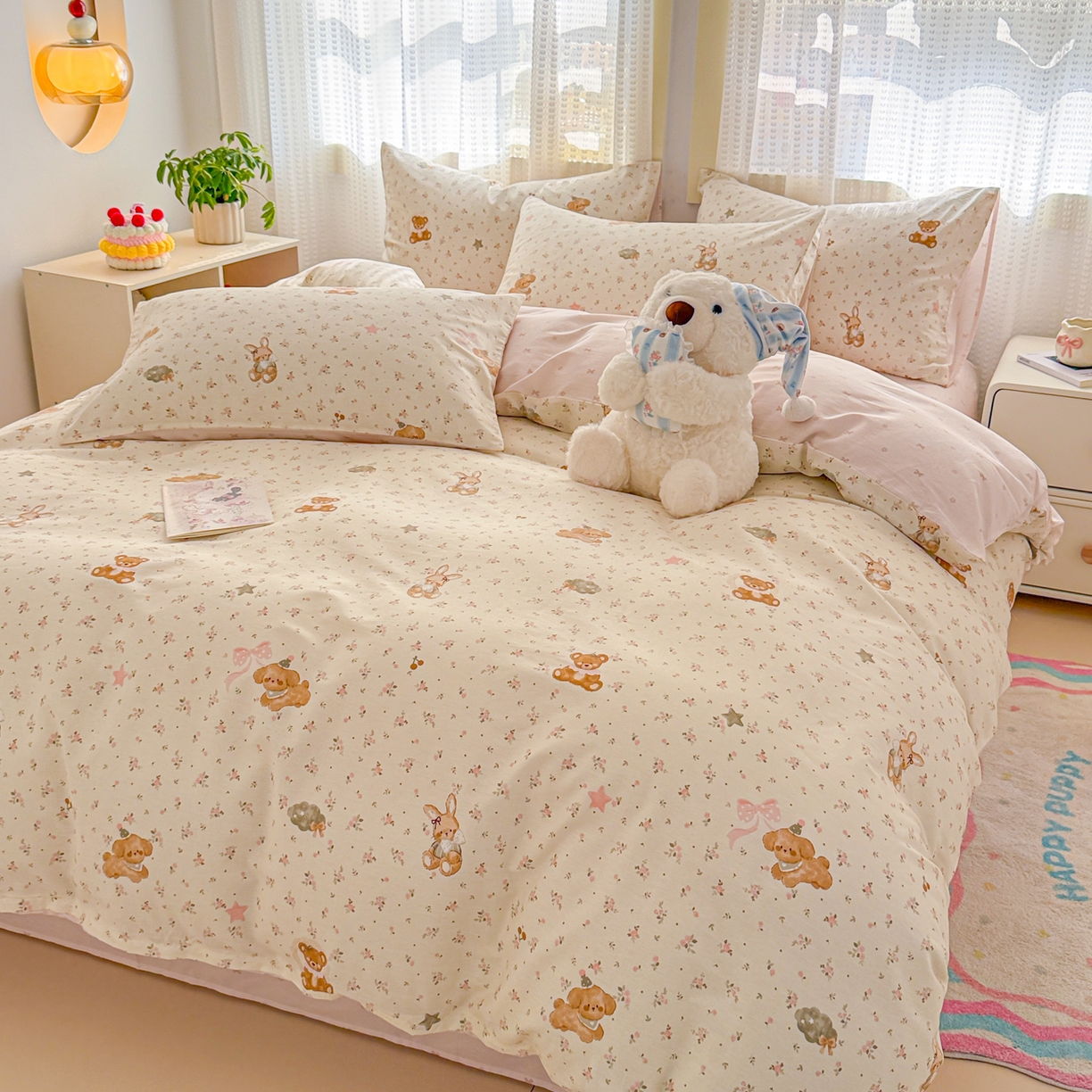 91家纺网 家纺一手货源 找家纺 呗旺鹿 2026新款全棉40支12868田园卡通小清新系列四件套 软糖萌宠