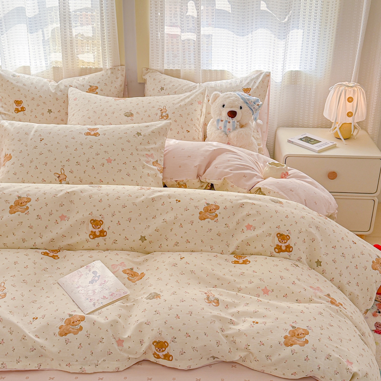 91家纺网 家纺一手货源 找家纺 呗旺鹿 2026新款全棉40支12868田园卡通小清新系列四件套 软糖萌宠