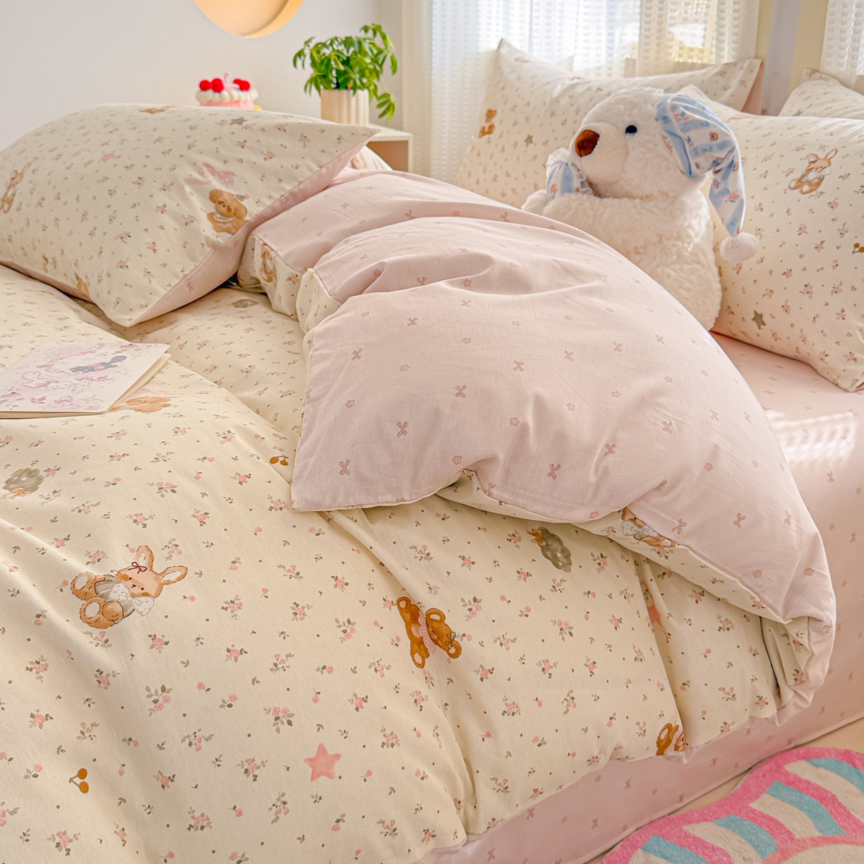 91家纺网 家纺一手货源 找家纺 呗旺鹿 2026新款全棉40支12868田园卡通小清新系列四件套 软糖萌宠