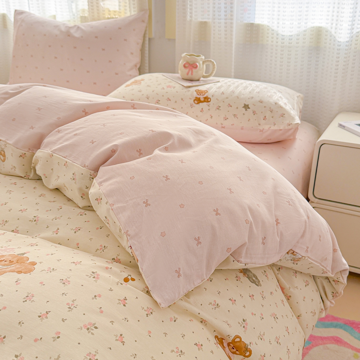 91家纺网 家纺一手货源 找家纺 呗旺鹿 2026新款全棉40支12868田园卡通小清新系列四件套 软糖萌宠