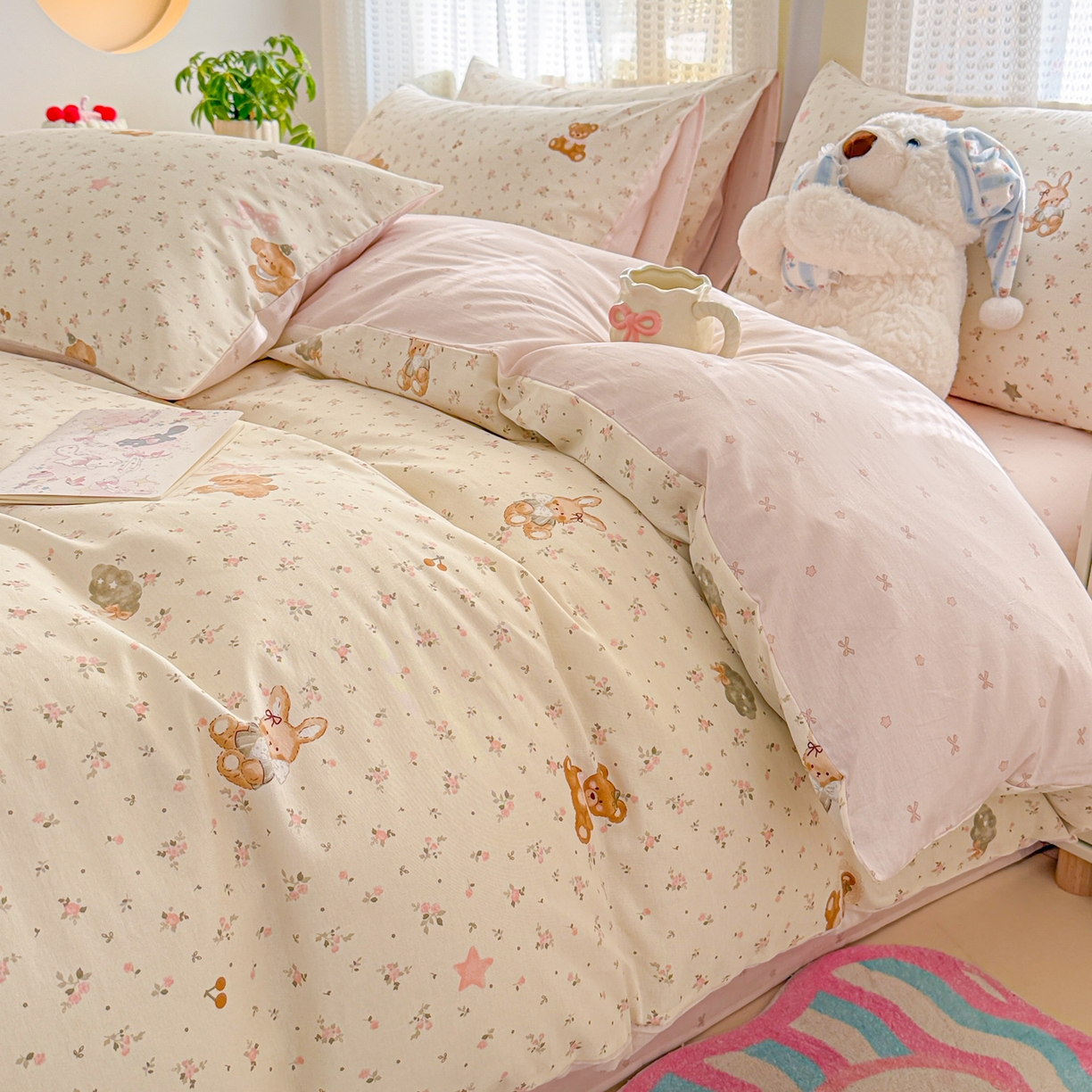 91家纺网 家纺一手货源 找家纺 呗旺鹿 2026新款全棉40支12868田园卡通小清新系列四件套 软糖萌宠