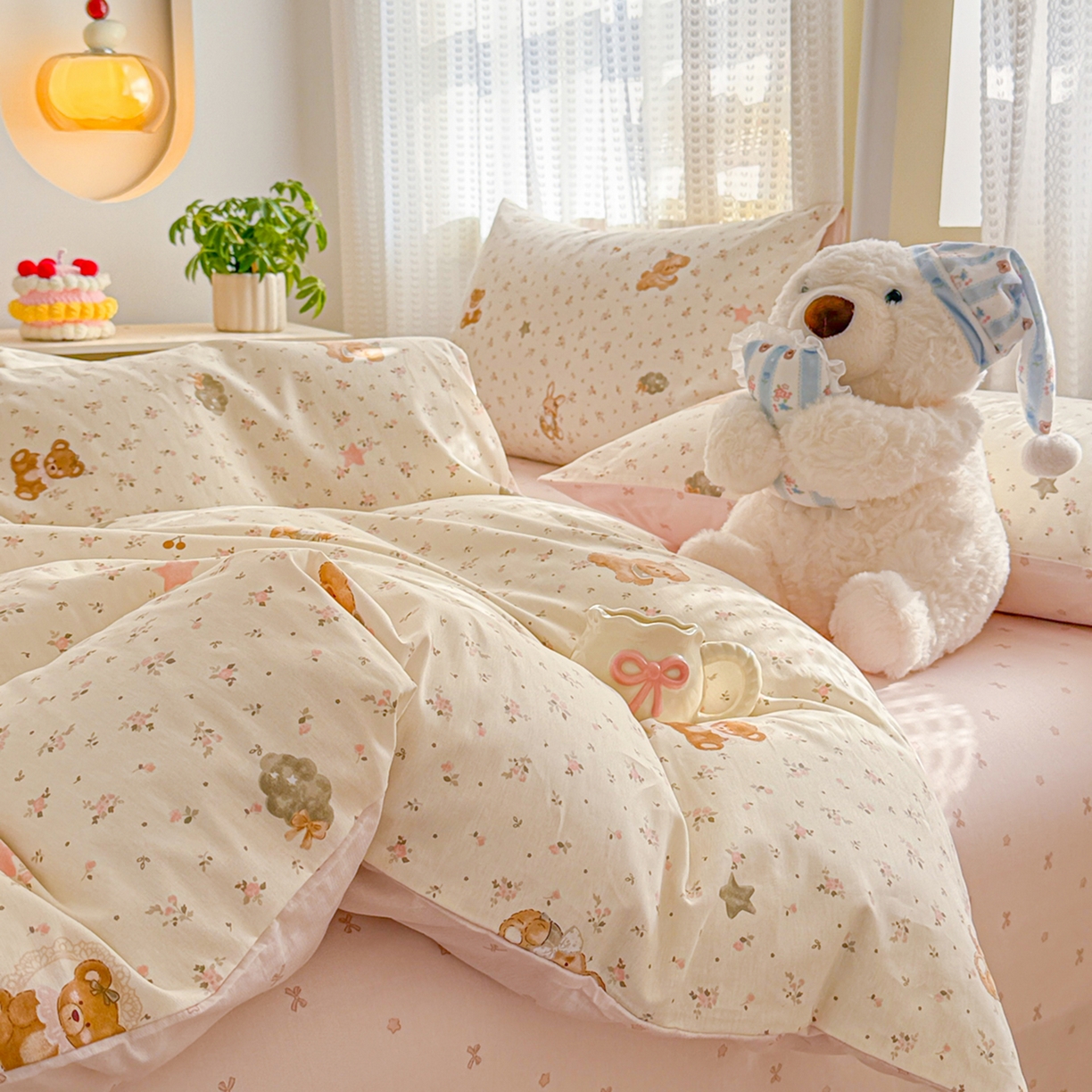 91家纺网 家纺一手货源 找家纺 呗旺鹿 2026新款全棉40支12868田园卡通小清新系列四件套 软糖萌宠