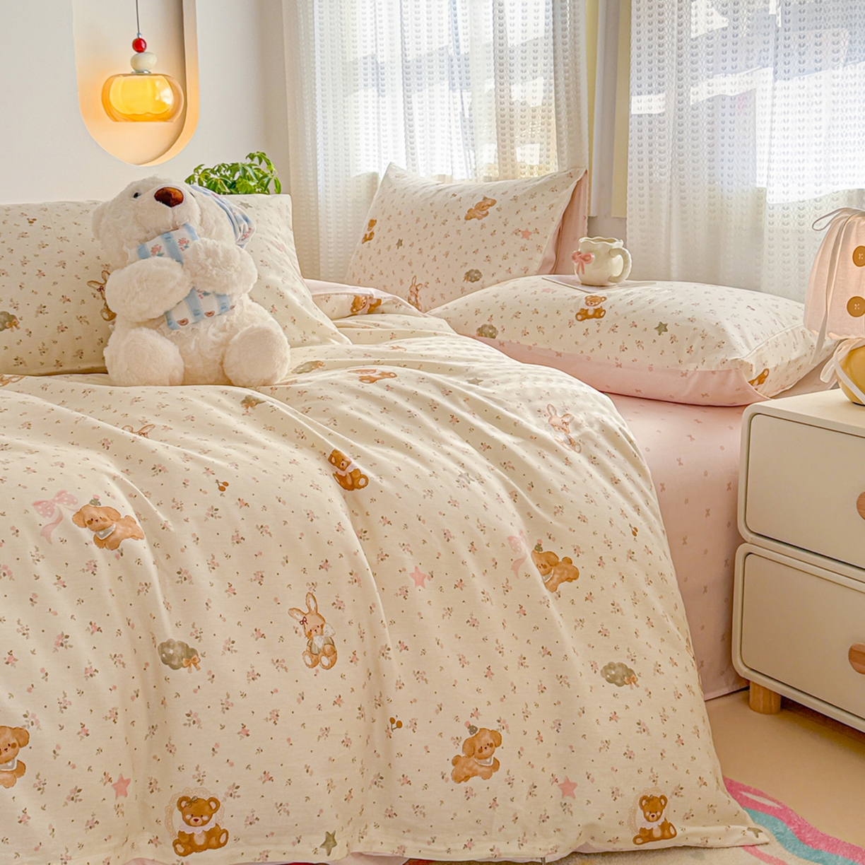 91家纺网 家纺一手货源 找家纺 呗旺鹿 2026新款全棉40支12868田园卡通小清新系列四件套 软糖萌宠