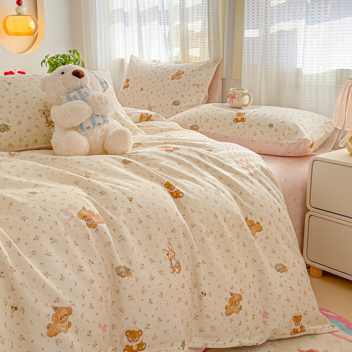 91家纺网 家纺一手货源 找家纺 呗旺鹿 2026新款全棉40支12868田园卡通小清新系列四件套 软糖萌宠