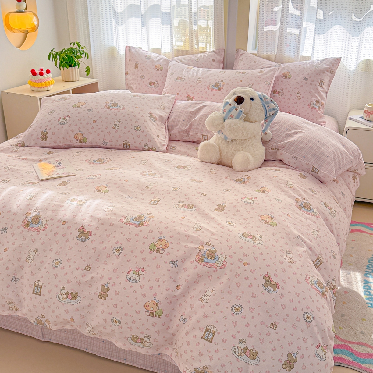 91家纺网 家纺一手货源 找家纺 呗旺鹿 2026新款全棉40支12868田园卡通小清新系列四件套 童话乐园