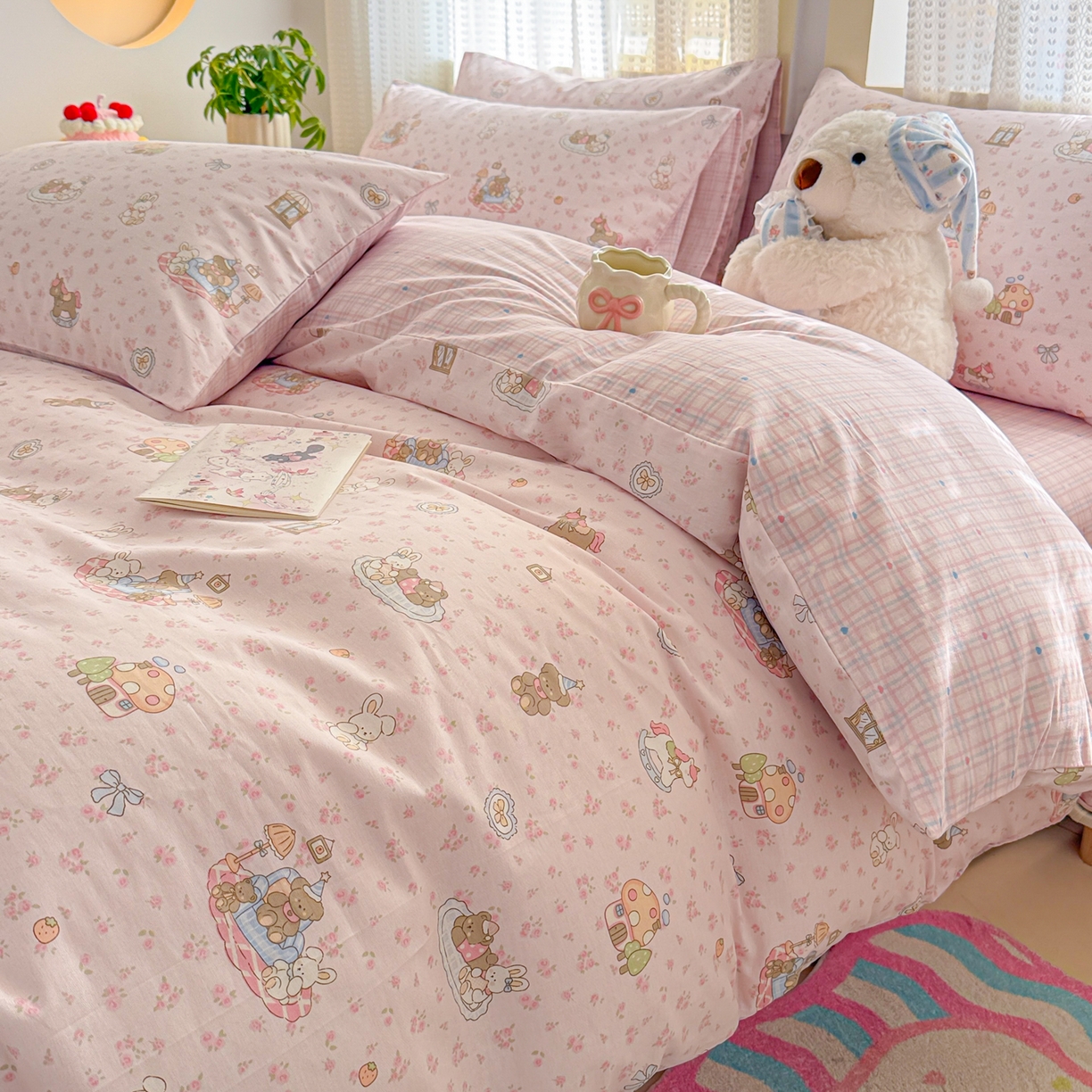 91家纺网 家纺一手货源 找家纺 呗旺鹿 2026新款全棉40支12868田园卡通小清新系列四件套 童话乐园