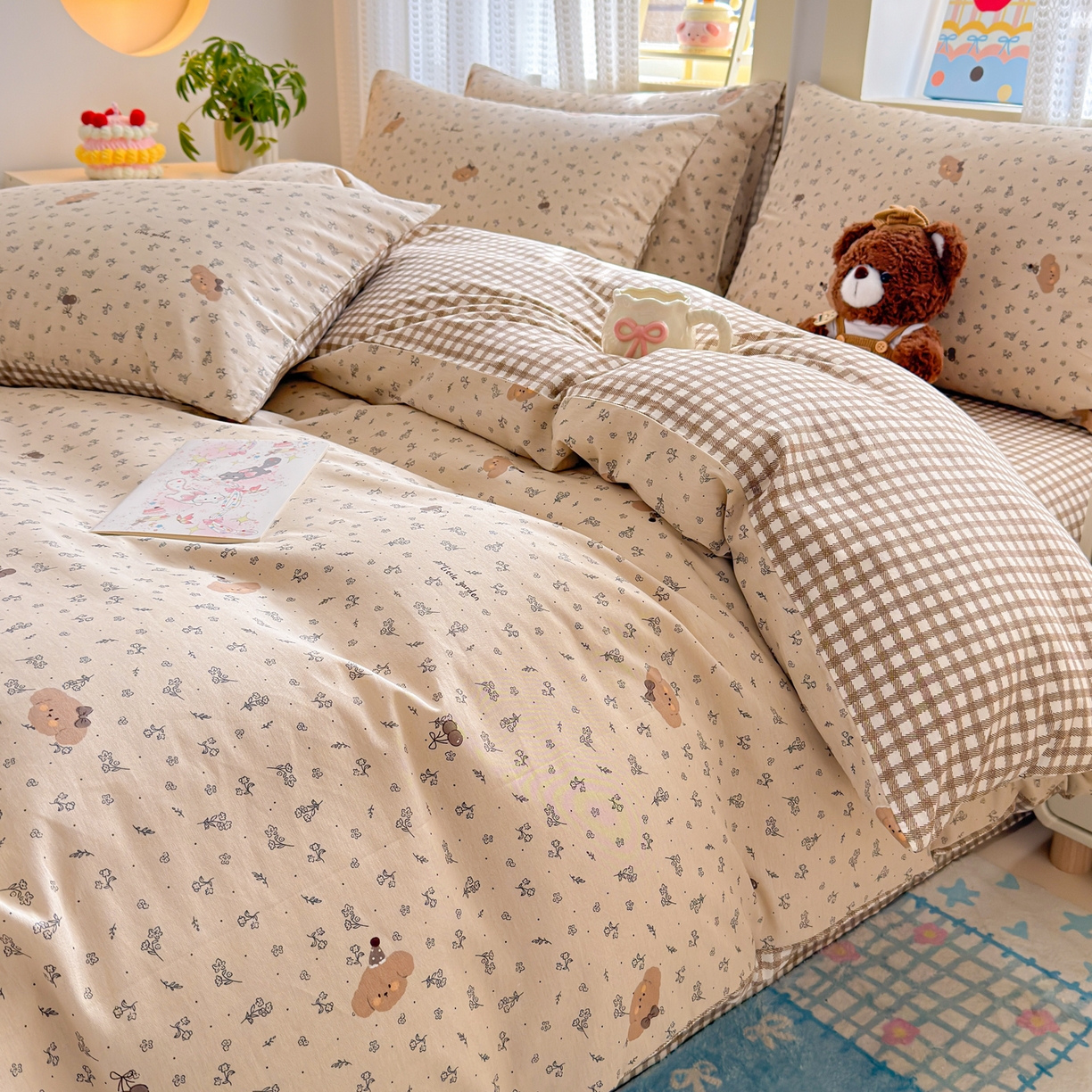 91家纺网 家纺一手货源 找家纺 呗旺鹿 2026新款全棉40支12868田园卡通小清新系列四件套 小熊艺语