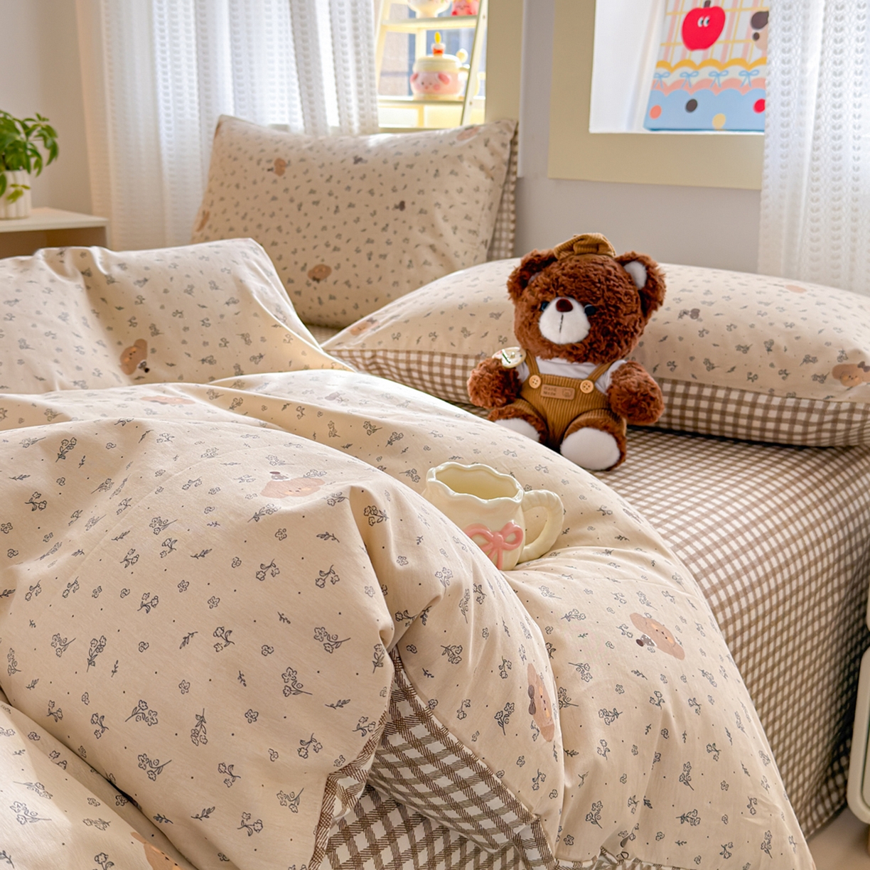 91家纺网 家纺一手货源 找家纺 呗旺鹿 2026新款全棉40支12868田园卡通小清新系列四件套 小熊艺语