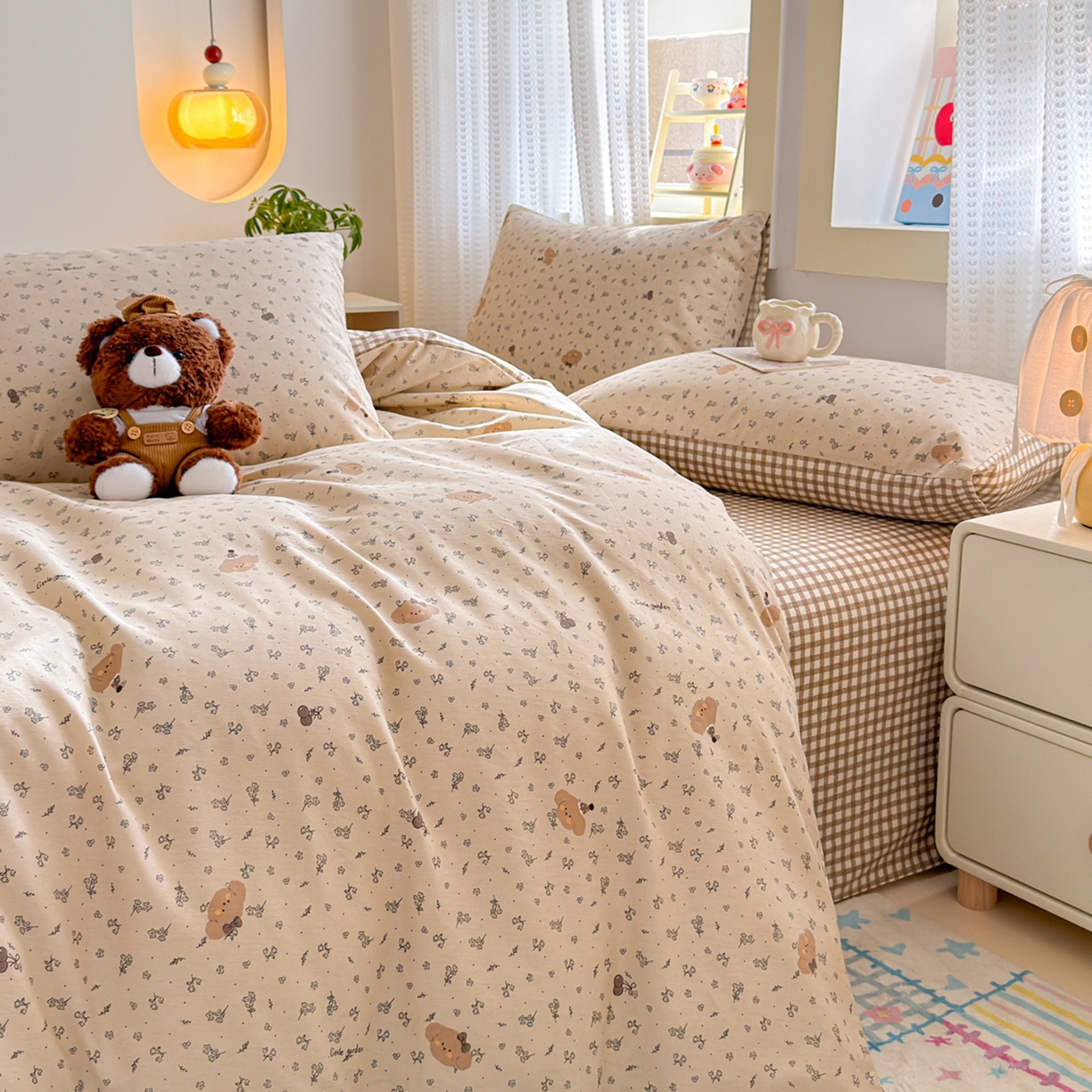 91家纺网 家纺一手货源 找家纺 呗旺鹿 2026新款全棉40支12868田园卡通小清新系列四件套 小熊艺语