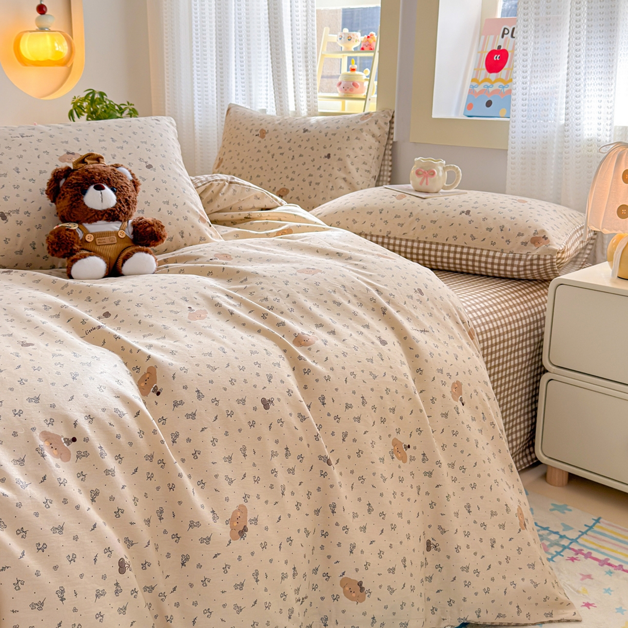 91家纺网 家纺一手货源 找家纺 呗旺鹿 2026新款全棉40支12868田园卡通小清新系列四件套 小熊艺语