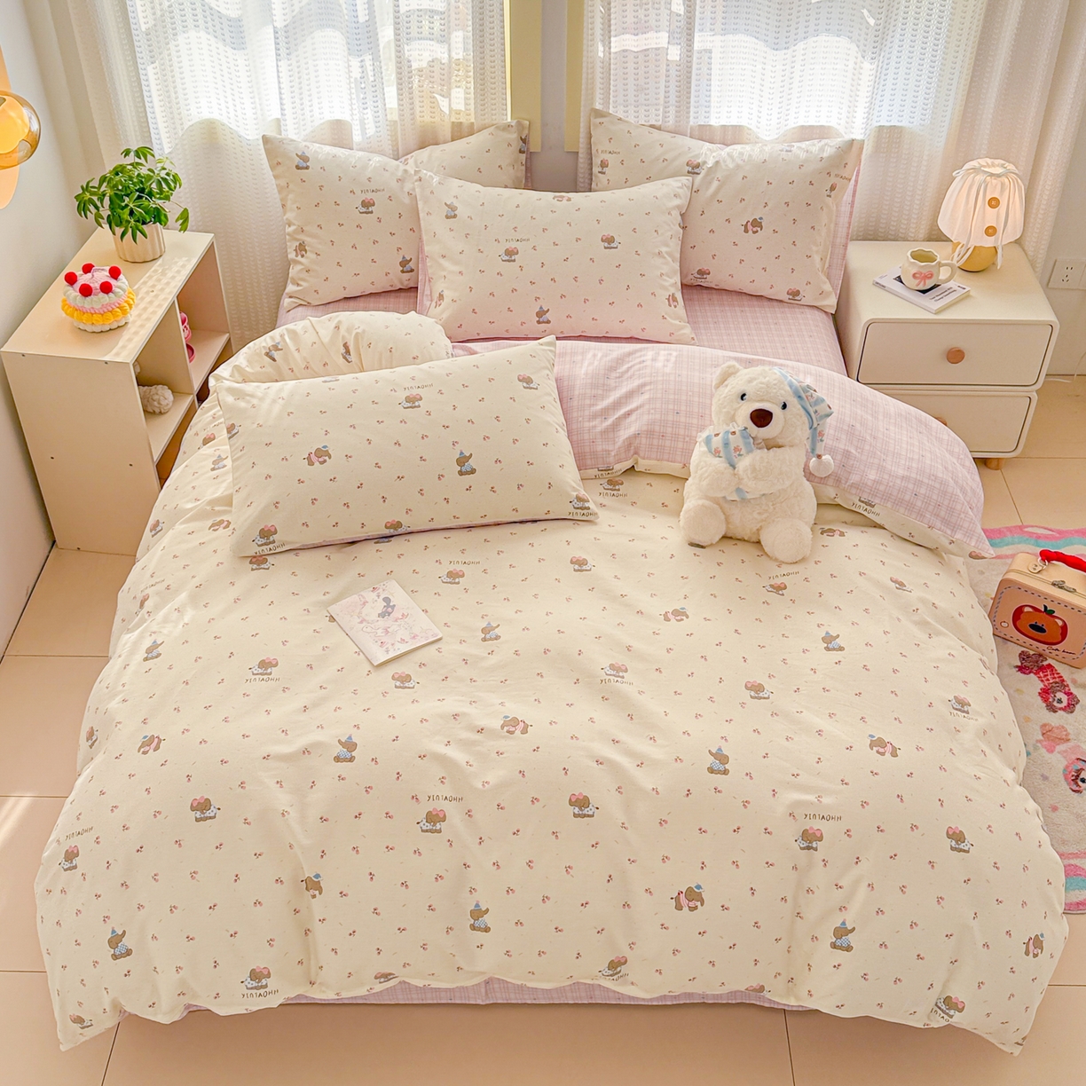 91家纺网 家纺一手货源 找家纺 呗旺鹿 2026新款全棉40支12868田园卡通小清新系列四件套 樱桃小象