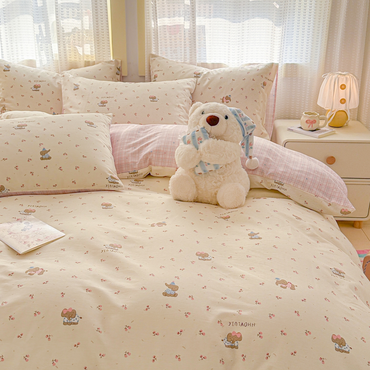 91家纺网 家纺一手货源 找家纺 呗旺鹿 2026新款全棉40支12868田园卡通小清新系列四件套 樱桃小象