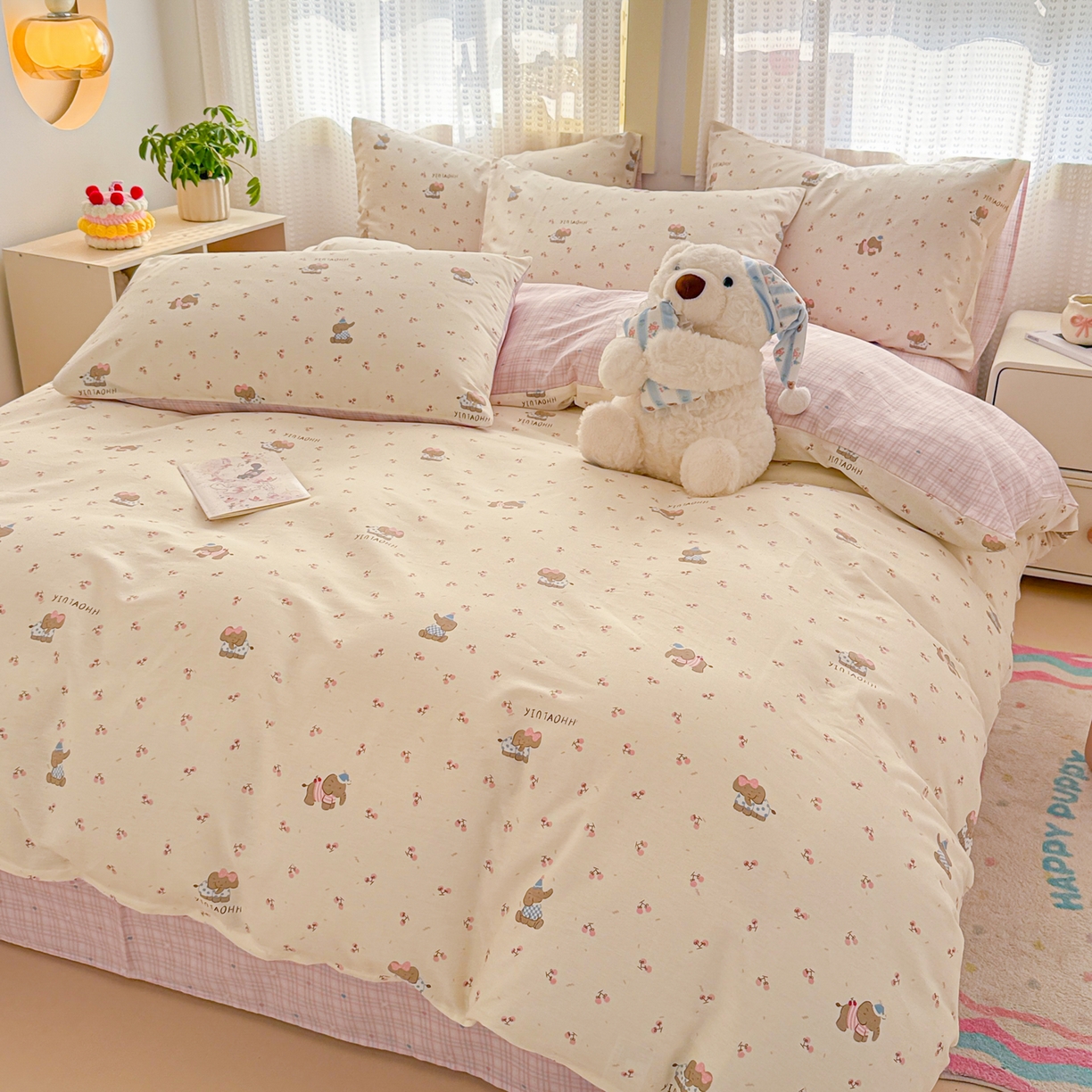 91家纺网 家纺一手货源 找家纺 呗旺鹿 2026新款全棉40支12868田园卡通小清新系列四件套 樱桃小象