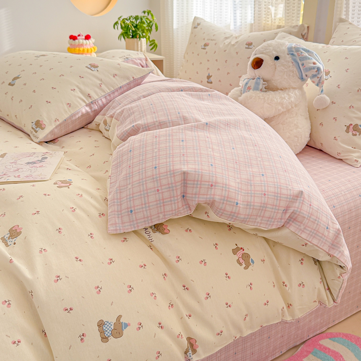 91家纺网 家纺一手货源 找家纺 呗旺鹿 2026新款全棉40支12868田园卡通小清新系列四件套 樱桃小象