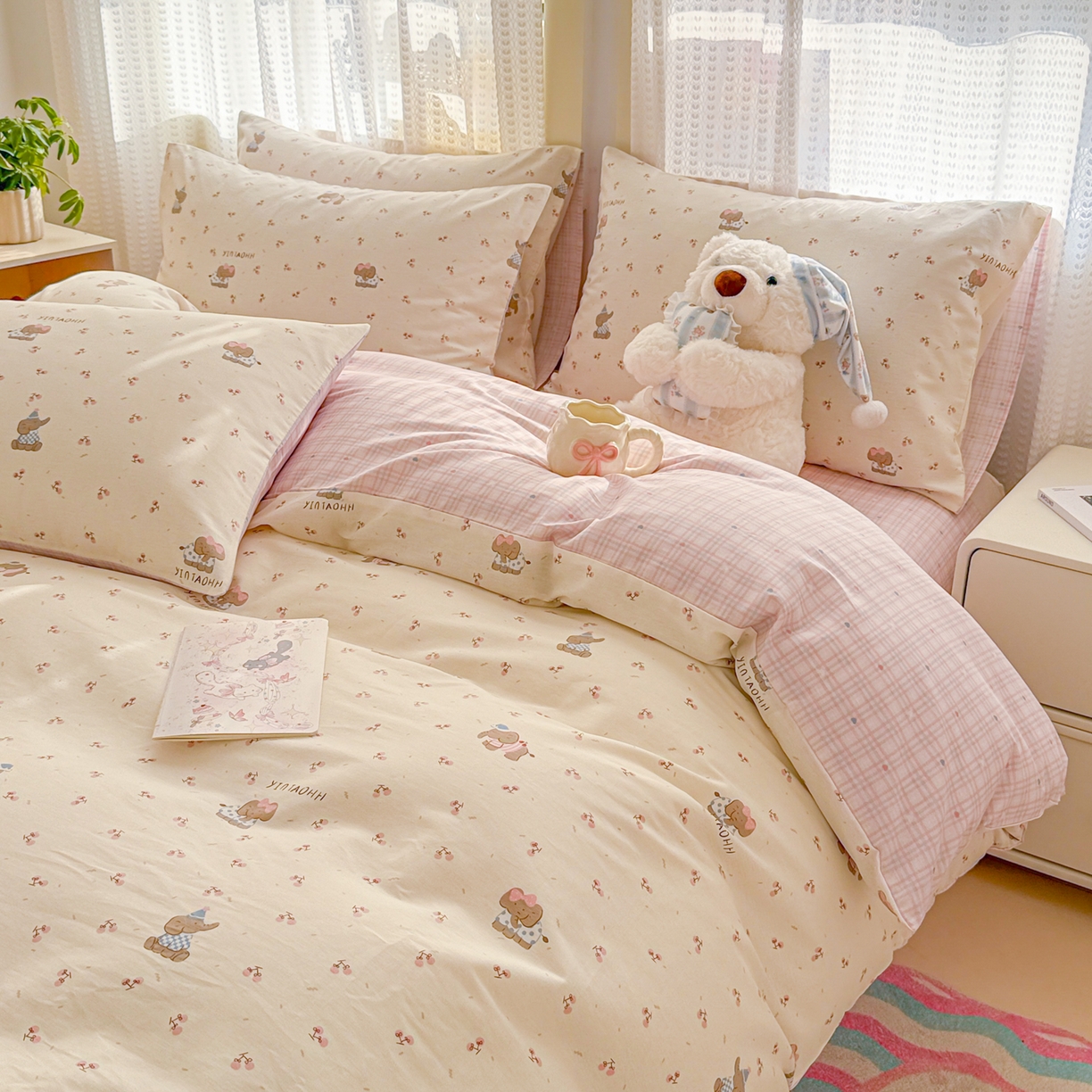 91家纺网 家纺一手货源 找家纺 呗旺鹿 2026新款全棉40支12868田园卡通小清新系列四件套 樱桃小象