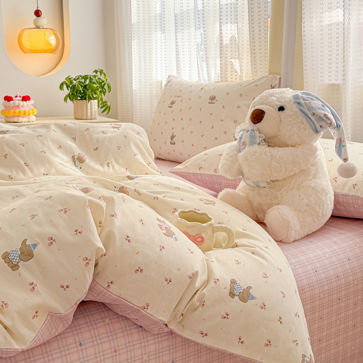 91家纺网 家纺一手货源 找家纺 呗旺鹿 2026新款全棉40支12868田园卡通小清新系列四件套 樱桃小象