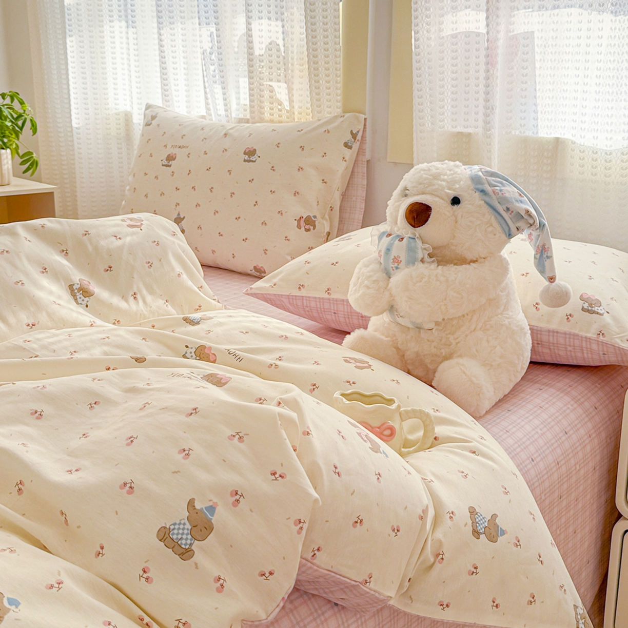 91家纺网 家纺一手货源 找家纺 呗旺鹿 2026新款全棉40支12868田园卡通小清新系列四件套 樱桃小象