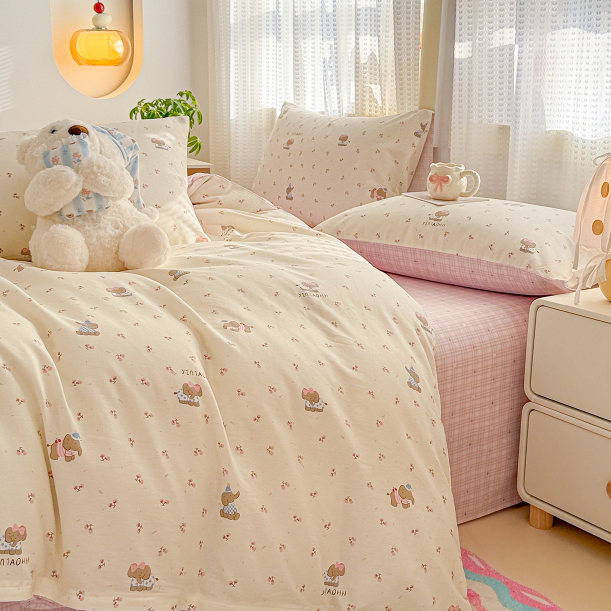 91家纺网 家纺一手货源 找家纺 呗旺鹿 2026新款全棉40支12868田园卡通小清新系列四件套 樱桃小象