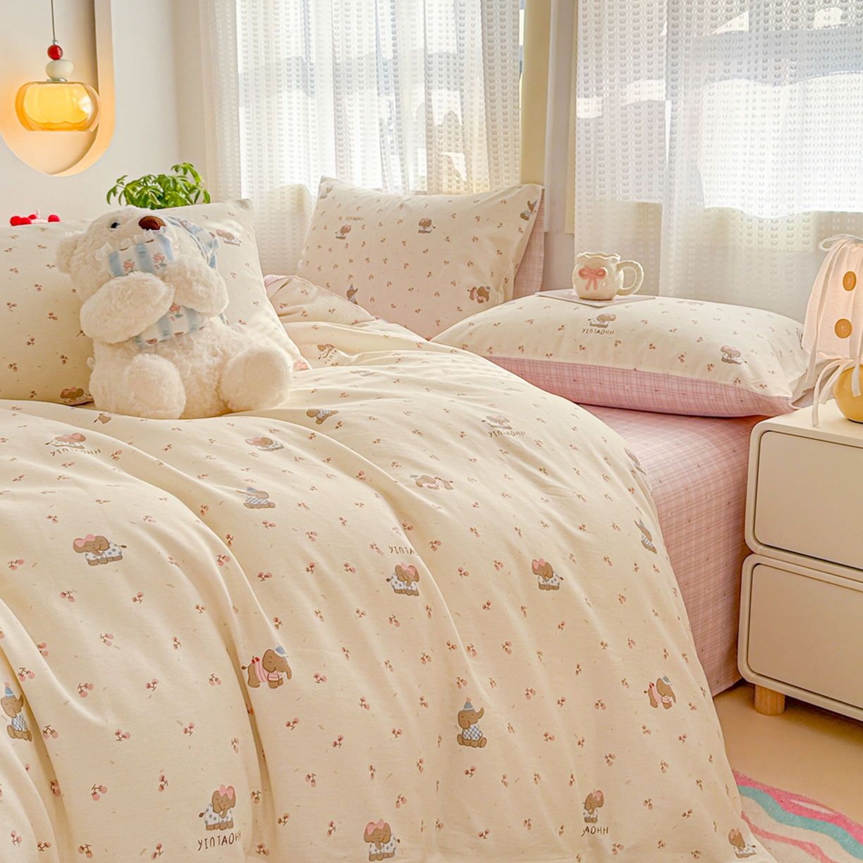 91家纺网 家纺一手货源 找家纺 呗旺鹿 2026新款全棉40支12868田园卡通小清新系列四件套 樱桃小象