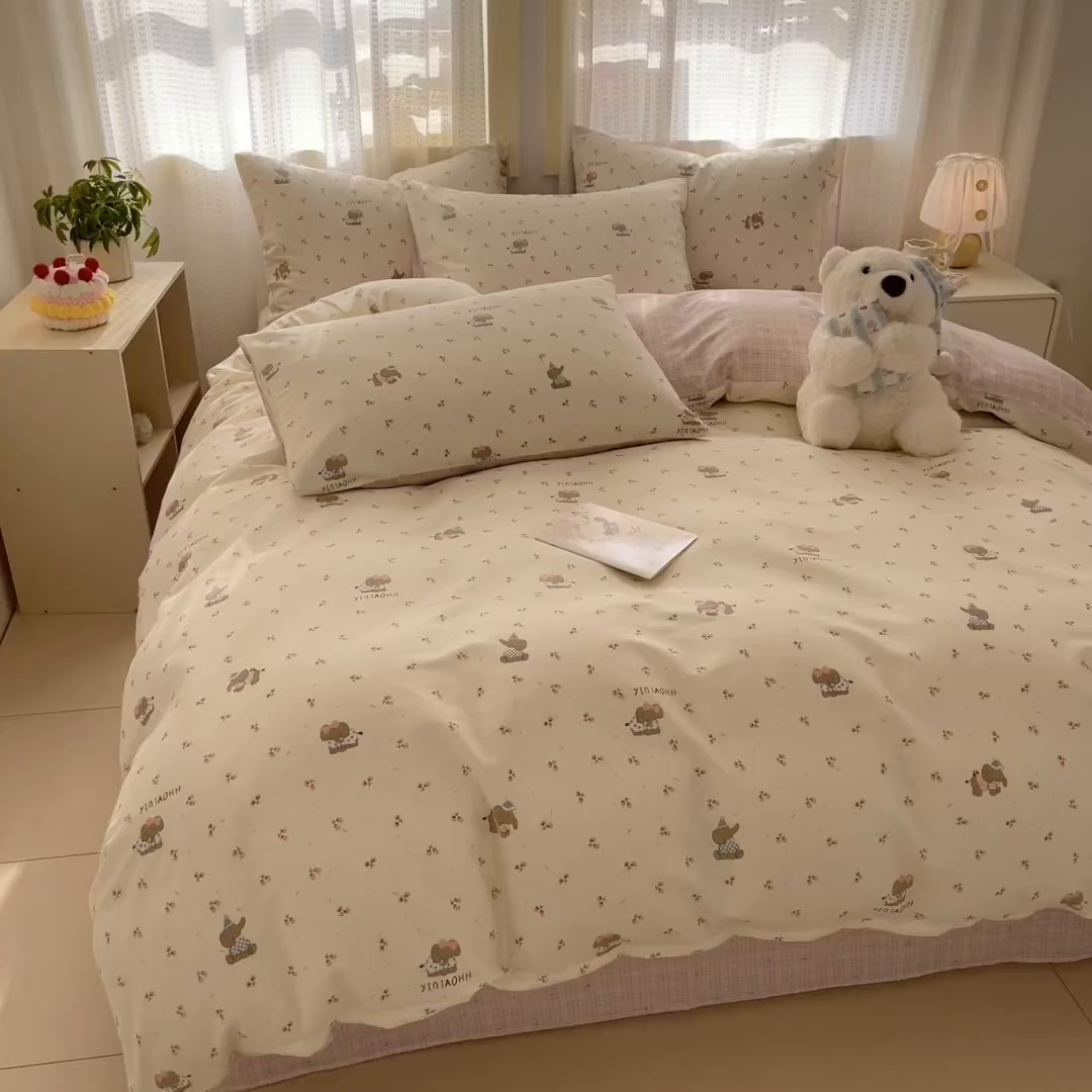91家纺网 家纺一手货源 找家纺 呗旺鹿 2026新款全棉40支12868田园卡通小清新系列四件套 樱桃小象