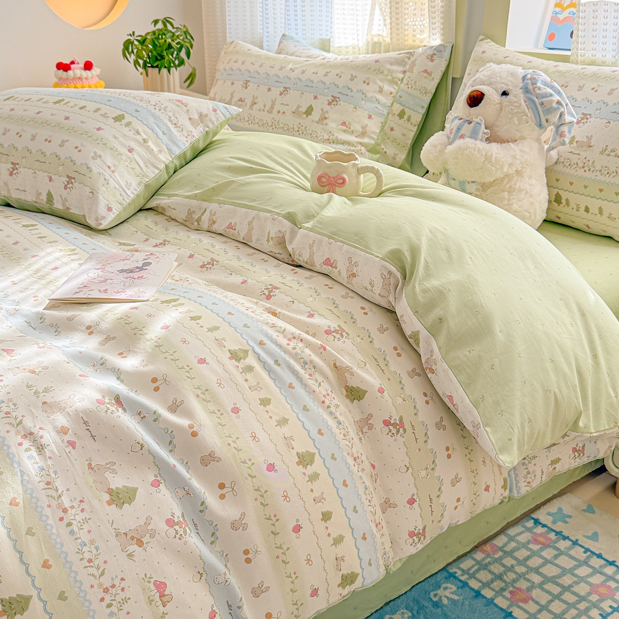 91家纺网 家纺一手货源 找家纺 呗旺鹿 2026新款全棉40支12868田园卡通小清新系列四件套 H萝卜兔