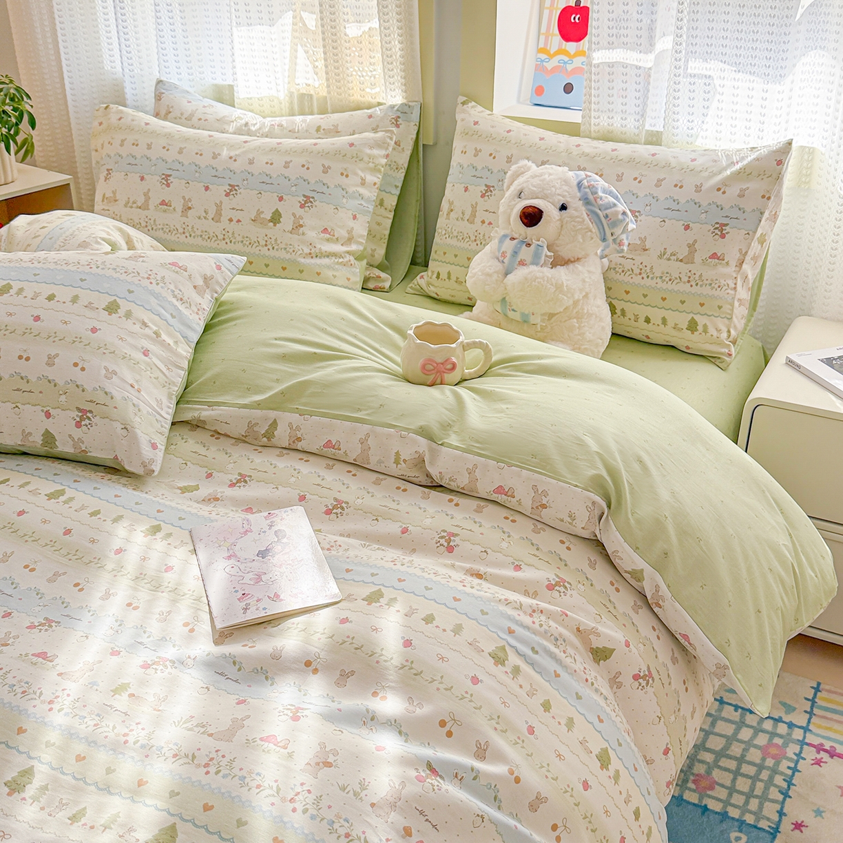 91家纺网 家纺一手货源 找家纺 呗旺鹿 2026新款全棉40支12868田园卡通小清新系列四件套 H萝卜兔