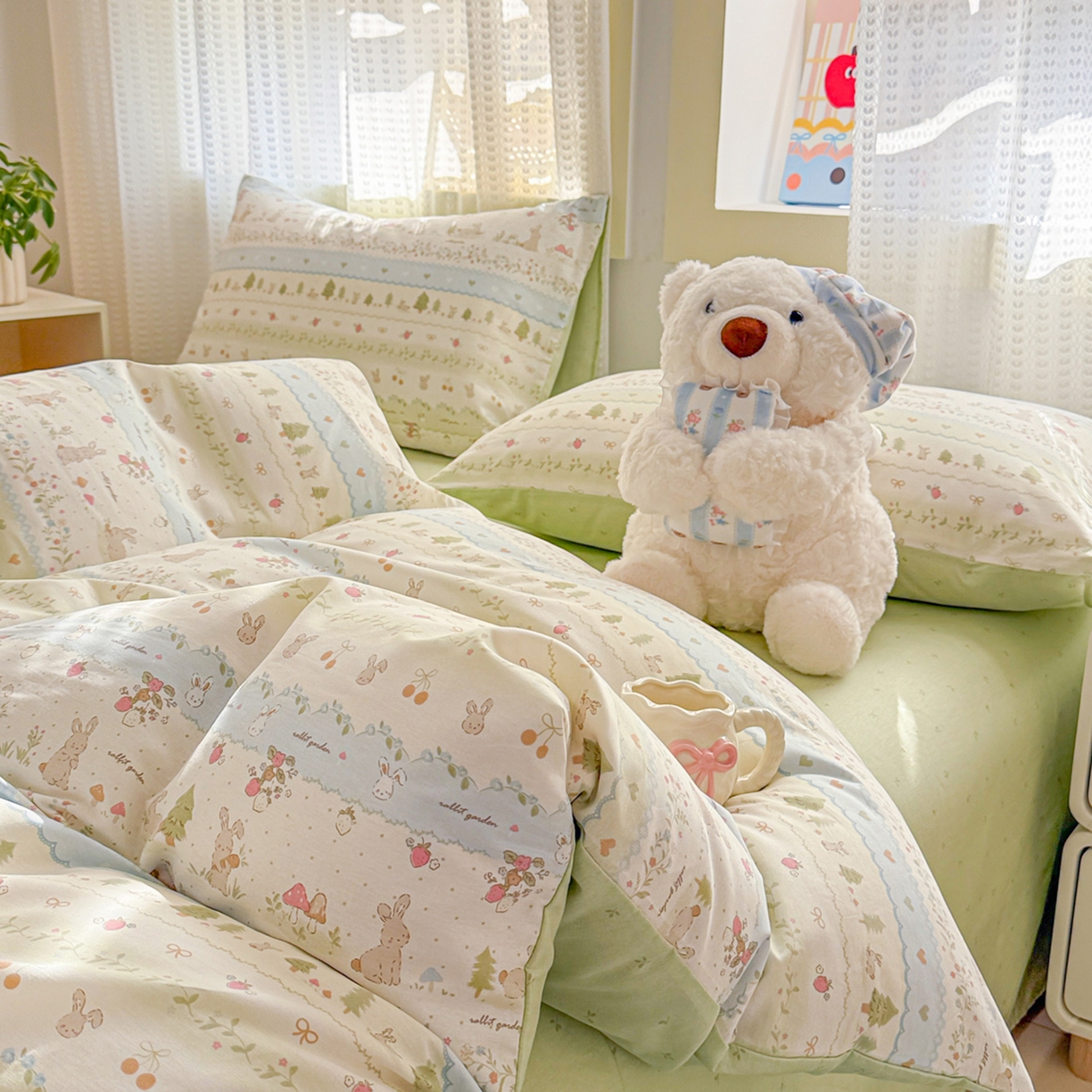 91家纺网 家纺一手货源 找家纺 呗旺鹿 2026新款全棉40支12868田园卡通小清新系列四件套 H萝卜兔