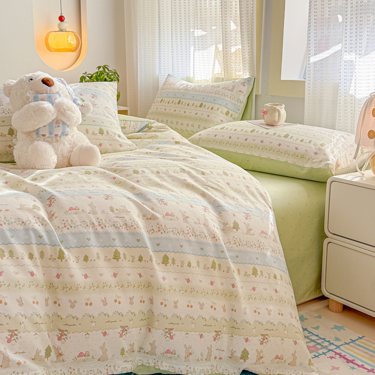 91家纺网 家纺一手货源 找家纺 呗旺鹿 2026新款全棉40支12868田园卡通小清新系列四件套 H萝卜兔