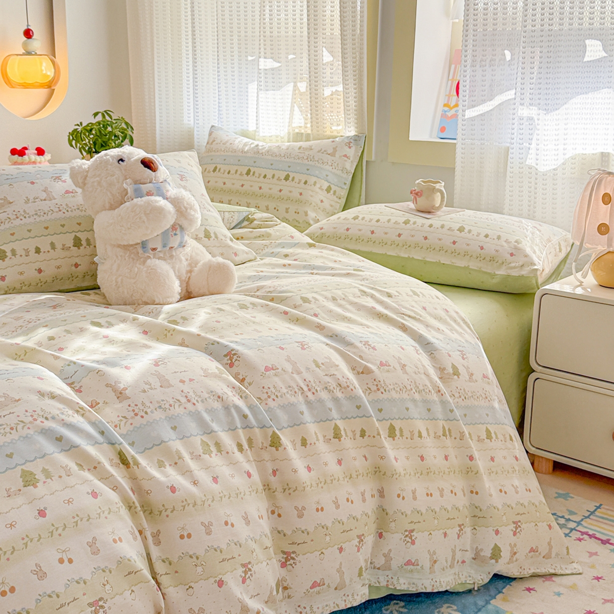 91家纺网 家纺一手货源 找家纺 呗旺鹿 2026新款全棉40支12868田园卡通小清新系列四件套 H萝卜兔