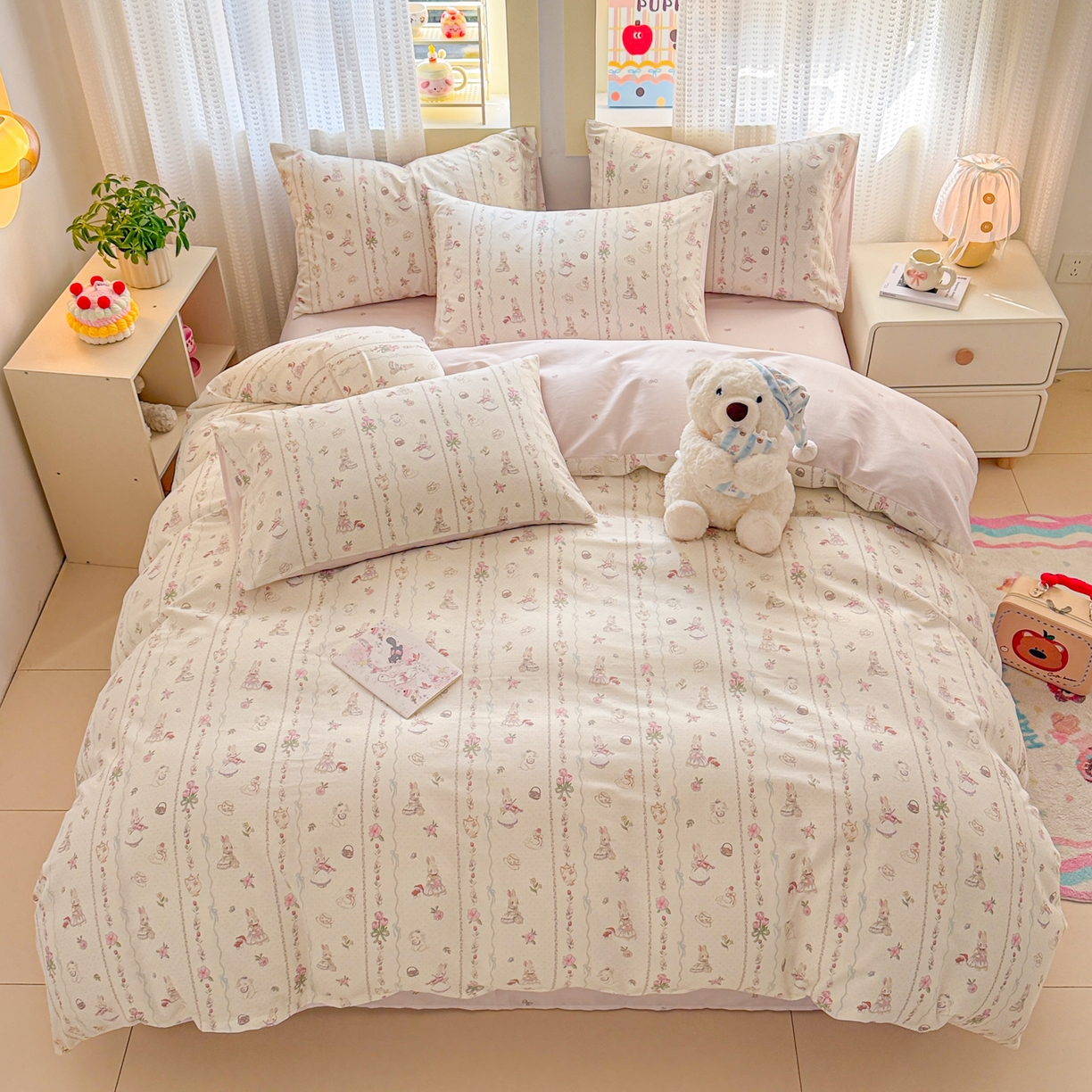 91家纺网 家纺一手货源 找家纺 呗旺鹿 2026新款全棉40支12868田园卡通小清新系列四件套 L红茶兔兔