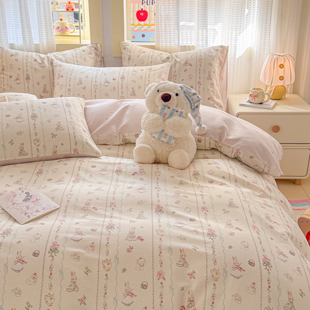 91家纺网 家纺一手货源 找家纺 呗旺鹿 2026新款全棉40支12868田园卡通小清新系列四件套 L红茶兔兔