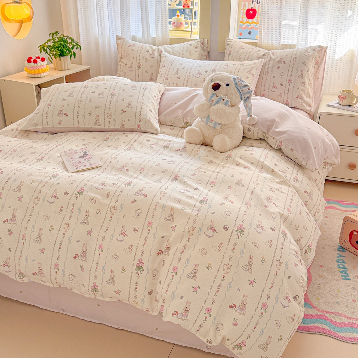 91家纺网 家纺一手货源 找家纺 呗旺鹿 2026新款全棉40支12868田园卡通小清新系列四件套 L红茶兔兔